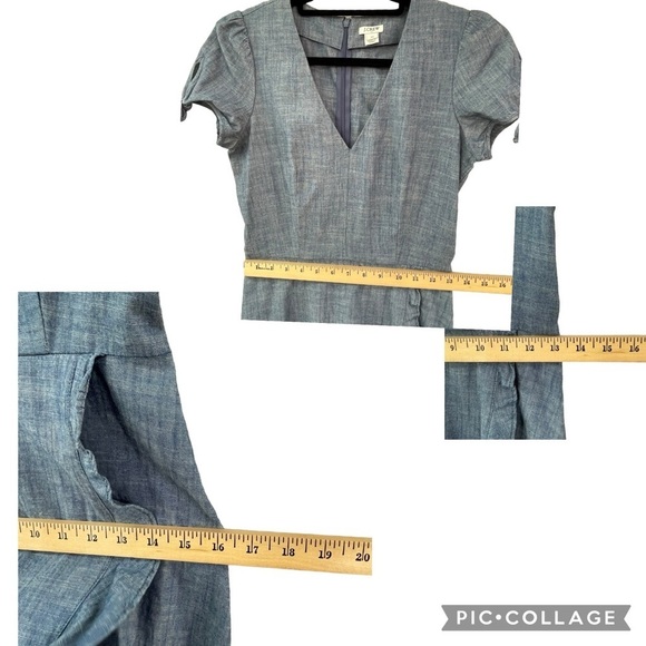 J. Crew Short Sleeve V-Neck Faux Wrap Ruffle Chambray Mini Dress Preppy - Sz 00 - Picture 14 of 15
